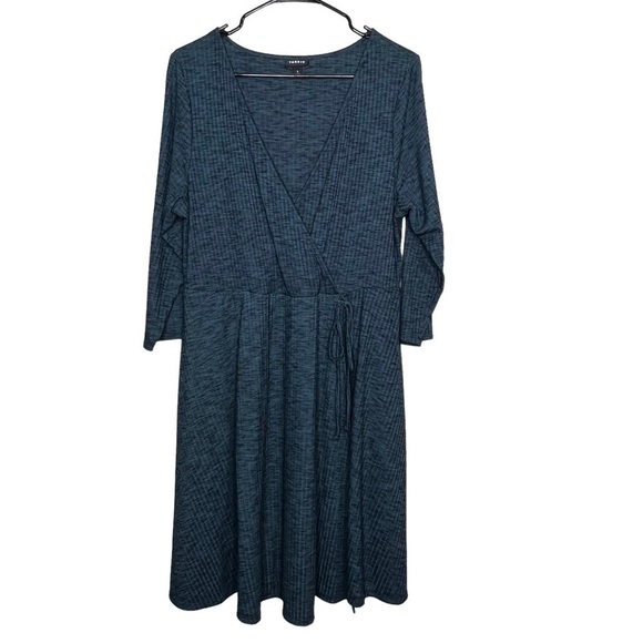 Torrid Womens 1 1X Dark Green Ribbed Faux Wrap Dress Long Sleeve Fit & Flare - Picture 1 of 11